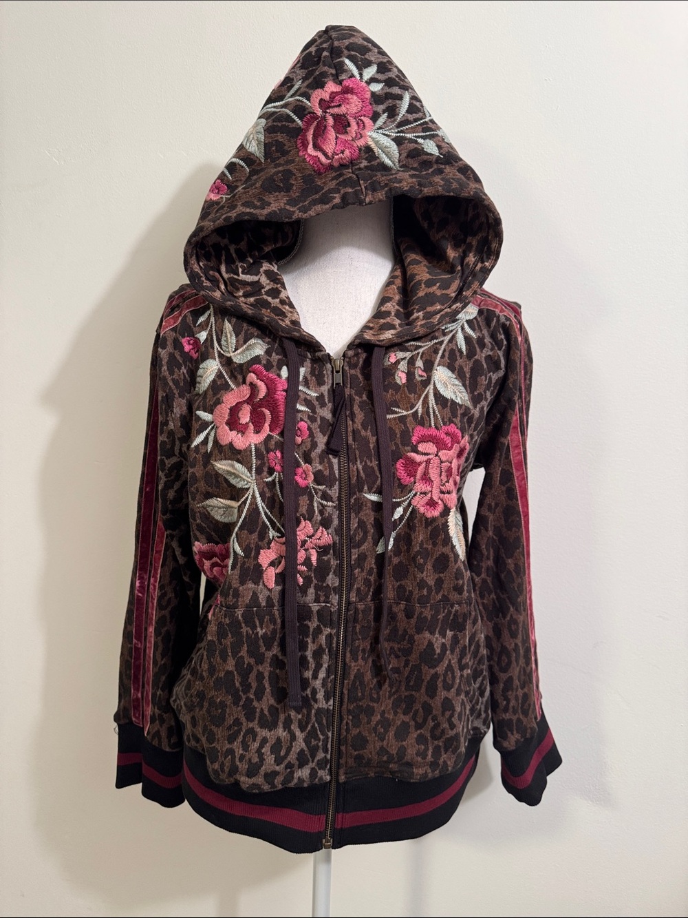 Johnny Was Brown Leopard Zip Hoodie with Pink Floral Embroidery